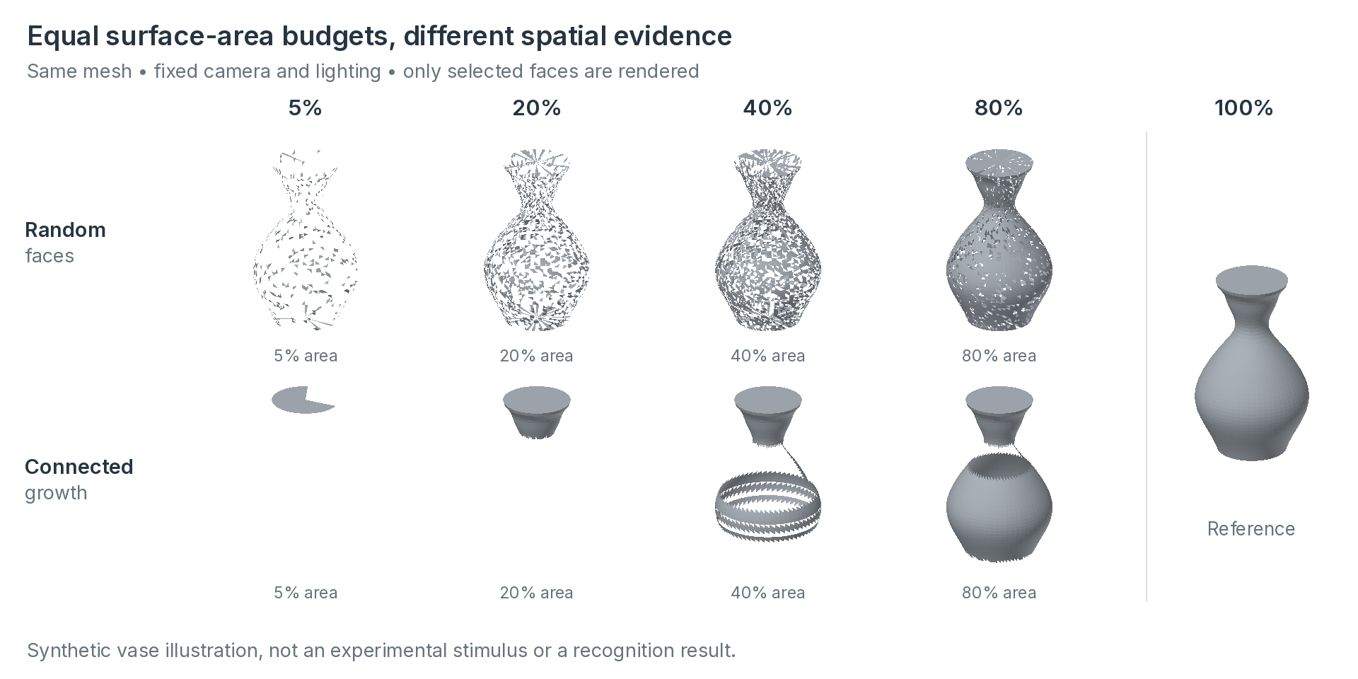 Random and connected face disclosure at matched area budgets