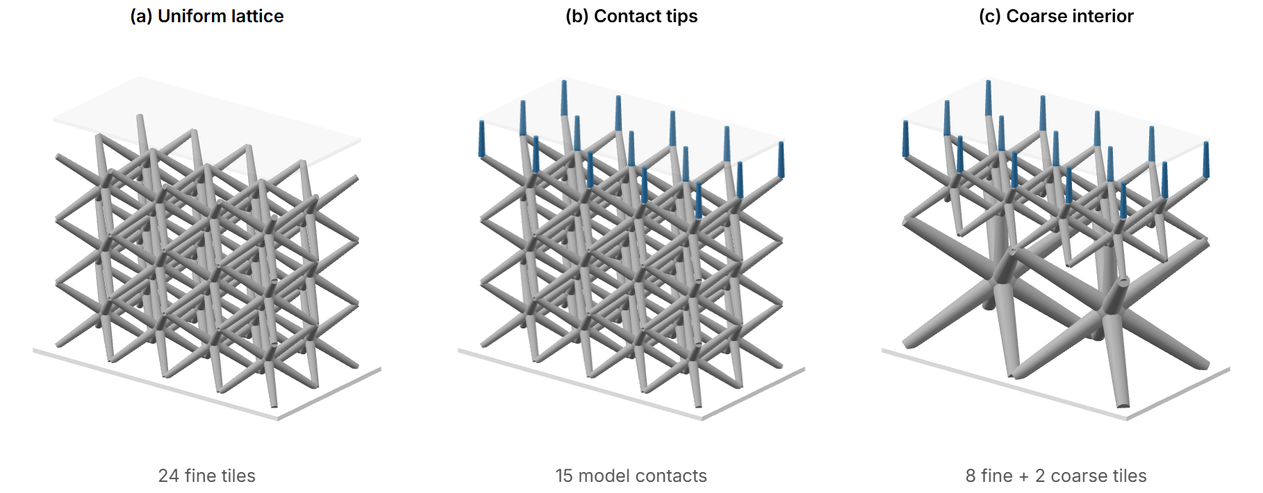Solid support lattices before tips, with tips, and after interior coarsening